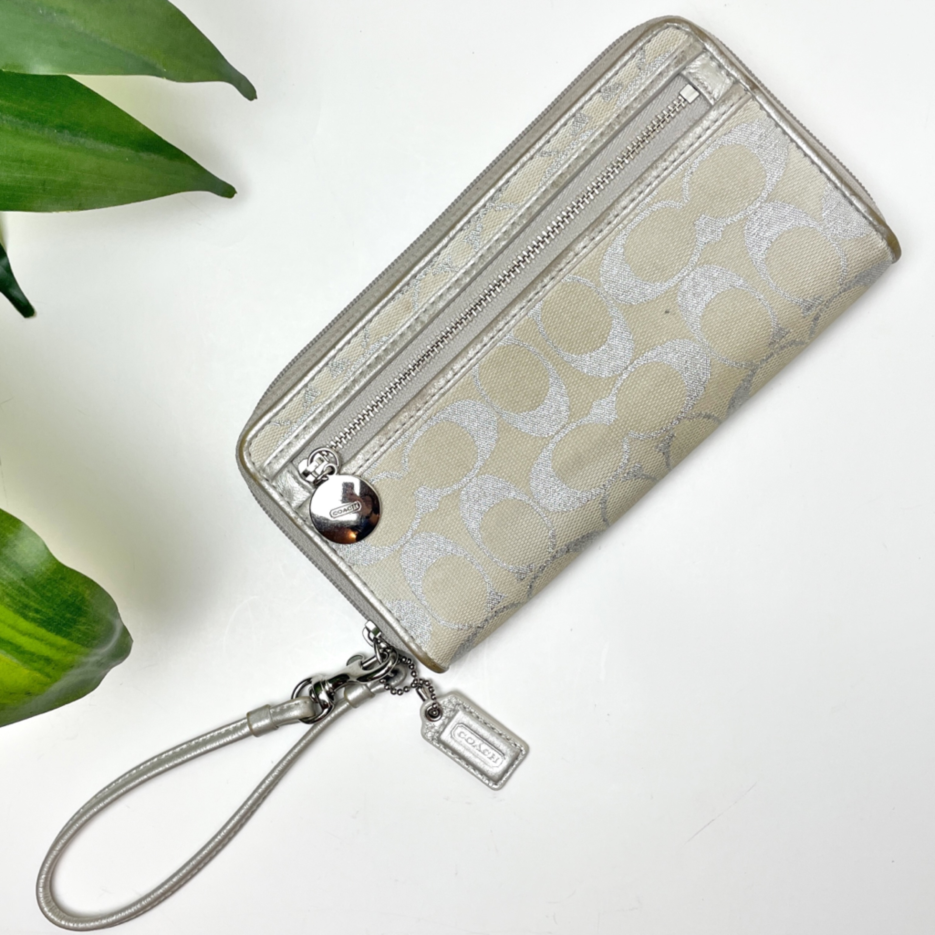 Coach Silver Metallic Signature C Jacquard Zip Around Wristlet Wallet